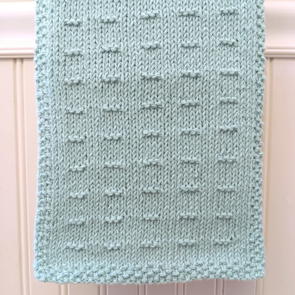 Hand Crafted Hand Knit Aqua Blue Textured Dash Stripe Cotton Hand Towel
